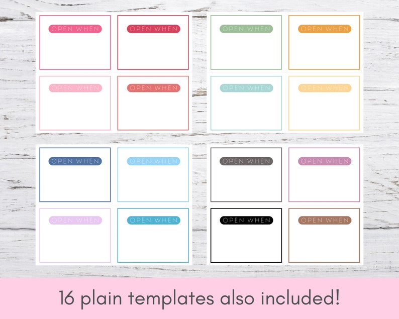 Puede incluir: Un conjunto de 16 tarjetas imprimibles "Abrir cuando" con bordes de diferentes colores. Las tarjetas tienen el texto "Abrir cuando" en blanco sobre un fondo de color. Las tarjetas est&aacute;n dise&ntilde;adas para ser utilizadas como una forma divertida y atenta de dar regalos o mensajes a alguien especial.