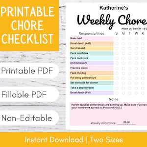 Chore Chart Printable | Editable Chore Chart for Kids | Weekly Chores List | Daily Chore Chart | Chore Chart Template | Instant PDF Download