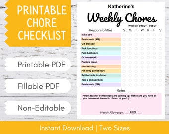 Chore Chart Printable | Editable Chore Chart for Kids | Weekly Chores List | Daily Chore Chart | Chore Chart Template | Instant PDF Download