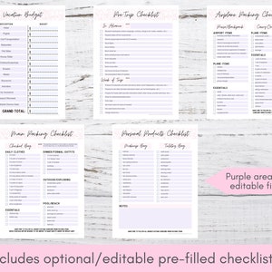 K&ouml;nnte beinhalten: Ein Satz druckbarer Checklisten zur Planung eines Urlaubs. Die Checklisten umfassen Abschnitte f&uuml;r eine Checkliste vor der Reise, ein Urlaubsbudget, eine Hauptpackliste, eine Checkliste f&uuml;r pers&ouml;nliche Produkte und eine Checkliste f&uuml;r das Packen von Flugzeugen. Die Checklisten sind in einem lila und wei&szlig;en Farbschema gestaltet und haben bearbeitbare Felder.