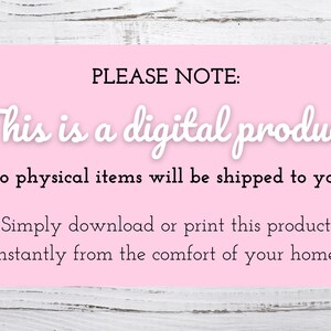 K&ouml;nnte beinhalten: Rosafarbener Hintergrund mit wei&szlig;em Text, der lautet: "PLEASE NOTE: This is a digital product. No physical items will be shipped to you. Simply download or print this product instantly from the comfort of your home!"