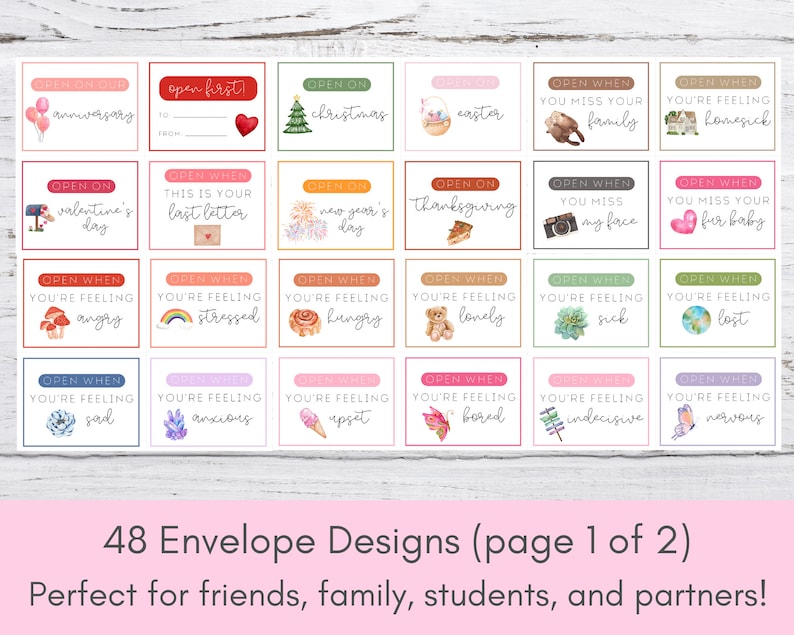 Puede incluir: Conjunto de 48 dise&ntilde;os de sobres imprimibles con ilustraciones de acuarela. Los sobres est&aacute;n dise&ntilde;ados para abrirse en ocasiones espec&iacute;ficas o cuando se sienten ciertas emociones. Los dise&ntilde;os incluyen temas como vacaciones, aniversarios y sentimientos como nostalgia, enojo y estr&eacute;s.