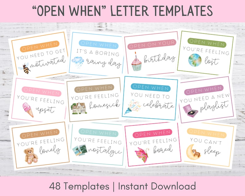 Puede incluir: Un conjunto de 48 plantillas de cartas imprimibles "Abrir cuando". Cada tarjeta presenta una ilustraci&oacute;n colorida y una frase como "Abrir cuando necesitas motivarte" o "Abrir cuando te sientes nost&aacute;lgico".