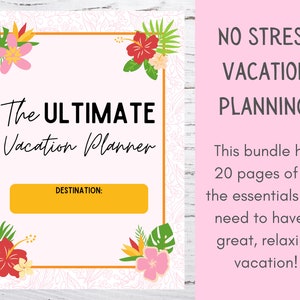 K&ouml;nnte beinhalten: Ein druckbarer Urlaubsplaner mit tropischem Thema. Das Cover zeigt ein florales Design mit Hibiskusbl&uuml;ten und Palmbl&auml;ttern. Der Text auf dem Cover lautet "The Ultimate Vacation Planner" und "Destination:".