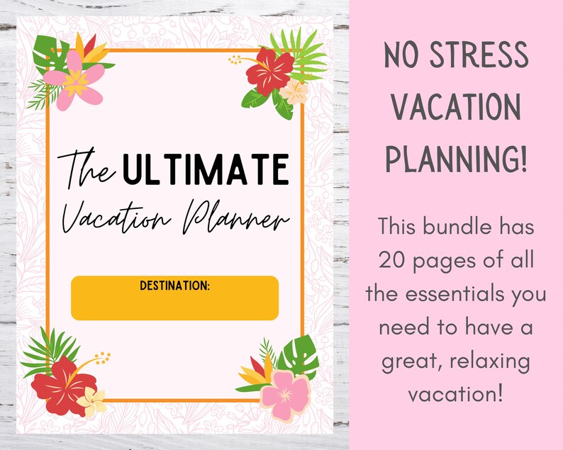 K&ouml;nnte beinhalten: Ein druckbarer Urlaubsplaner mit tropischem Thema. Das Cover zeigt ein florales Design mit Hibiskusbl&uuml;ten und Palmbl&auml;ttern. Der Text auf dem Cover lautet "The Ultimate Vacation Planner" und "Destination:".