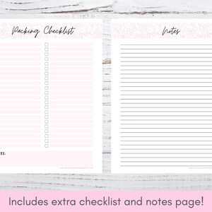 K&ouml;nnte beinhalten: Druckbare Packliste und Notizseite mit einem rosafarbenen Blumendesign. Die Checkliste hat zwei Spalten mit leeren K&auml;stchen f&uuml;r die zu packenden Gegenst&auml;nde. Die Notizseite hat liniertes Papier zum Schreiben.
