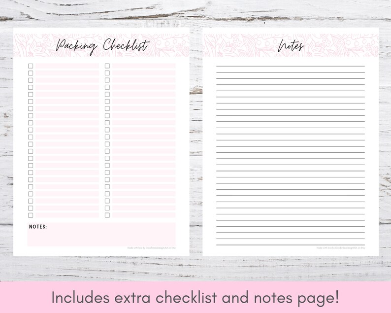 K&ouml;nnte beinhalten: Druckbare Packliste und Notizseite mit einem rosafarbenen Blumendesign. Die Checkliste hat zwei Spalten mit leeren K&auml;stchen f&uuml;r die zu packenden Gegenst&auml;nde. Die Notizseite hat liniertes Papier zum Schreiben.