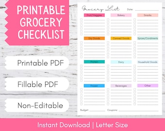 Printable Grocery List | Grocery List Template | Grocery Shopping List | Grocery Shopping Checklist | Printable Shopping List | PDF Download