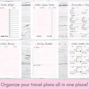K&ouml;nnte beinhalten: Druckbarer Urlaubsplaner mit rosa floralen Akzenten. Enth&auml;lt Abschnitte f&uuml;r Budget, Ausgaben, Reiseroute, Checkliste und Wettervorhersage.
