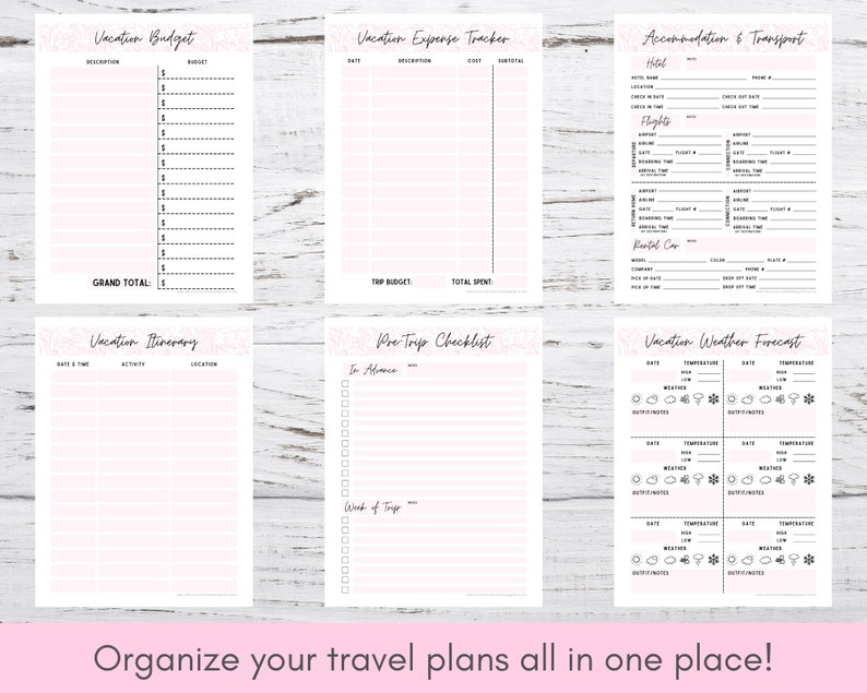K&ouml;nnte beinhalten: Druckbarer Urlaubsplaner mit rosa floralen Akzenten. Enth&auml;lt Abschnitte f&uuml;r Budget, Ausgaben, Reiseroute, Checkliste und Wettervorhersage.