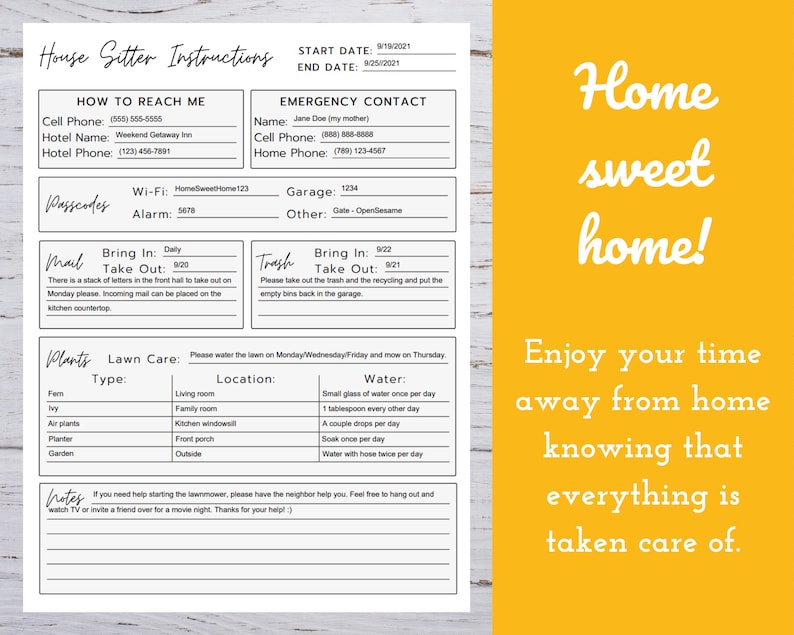 House Sitter Instructions House Sitting Checklist House Etsy