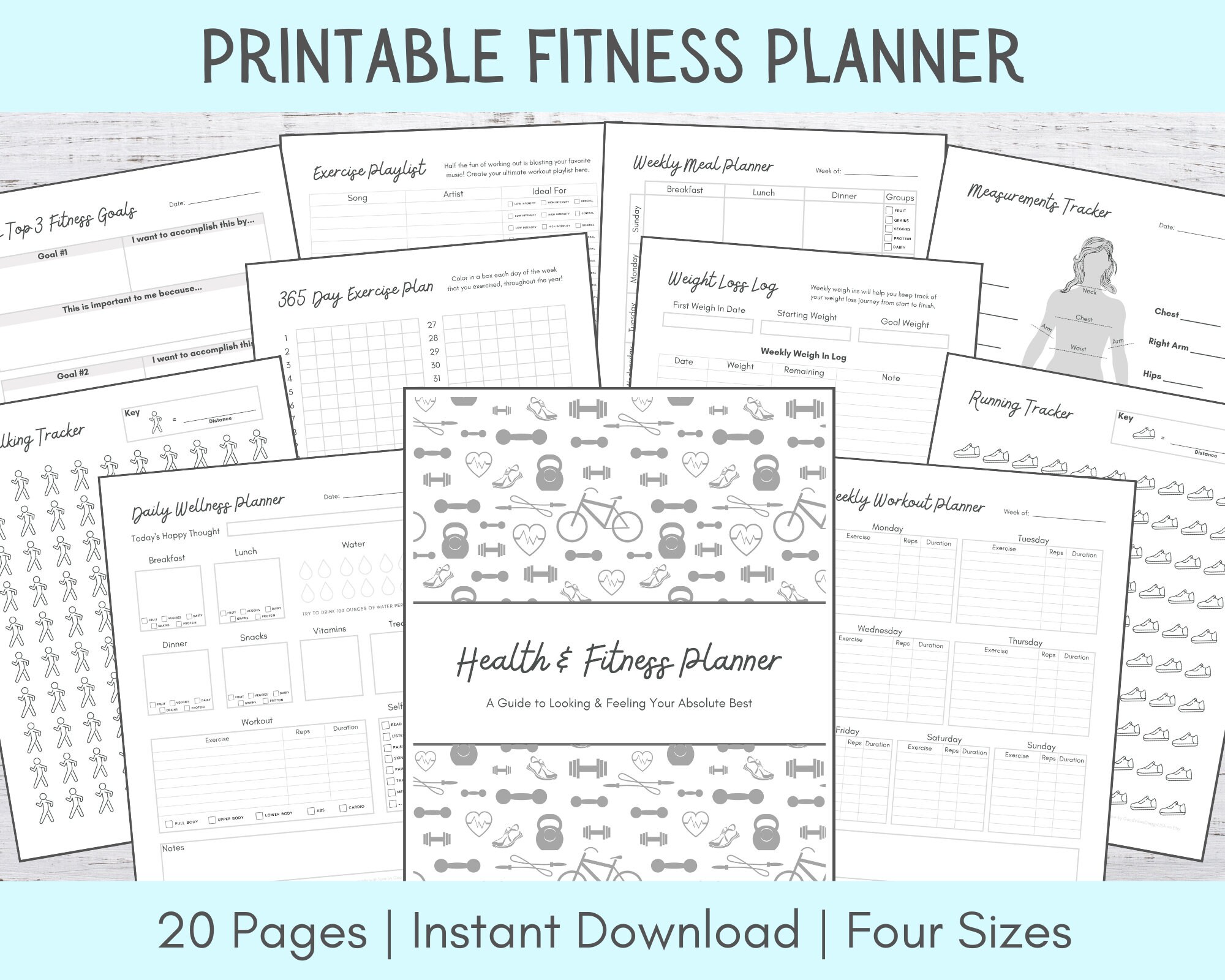 Fitness Planner Printable Bundle | Fitness Journal Printable | Weight ...
