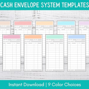 Puede incluir: Nueve plantillas de sistema de sobres de efectivo imprimibles en diferentes colores. Cada plantilla tiene secciones para la fecha de inicio, la fecha de finalización, el saldo inicial, la fecha, el resumen, +/- y el saldo. Las plantillas también tienen una sección para el saldo final.