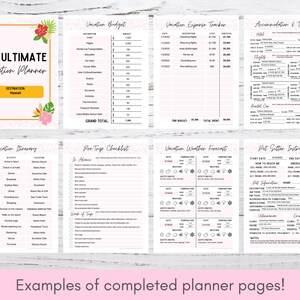 K&ouml;nnte beinhalten: Ein druckbarer Urlaubsplaner mit rosa und wei&szlig;en floralen Akzenten. Der Planer enth&auml;lt Abschnitte f&uuml;r Budgetierung, Reiseplan, Packliste, Wettervorhersage und Anweisungen f&uuml;r den Tiersitter. Das Ziel ist Hawaii.