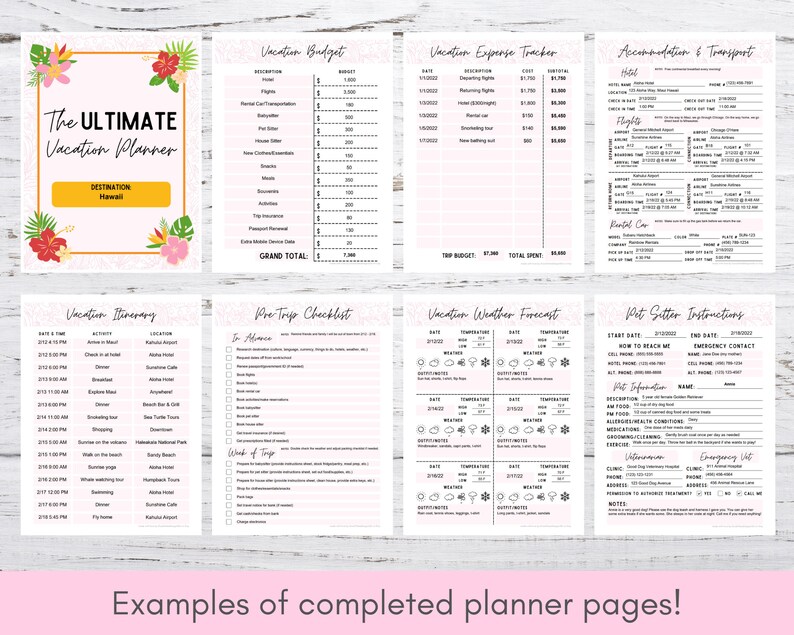 K&ouml;nnte beinhalten: Ein druckbarer Urlaubsplaner mit rosa und wei&szlig;en floralen Akzenten. Der Planer enth&auml;lt Abschnitte f&uuml;r Budgetierung, Reiseplan, Packliste, Wettervorhersage und Anweisungen f&uuml;r den Tiersitter. Das Ziel ist Hawaii.