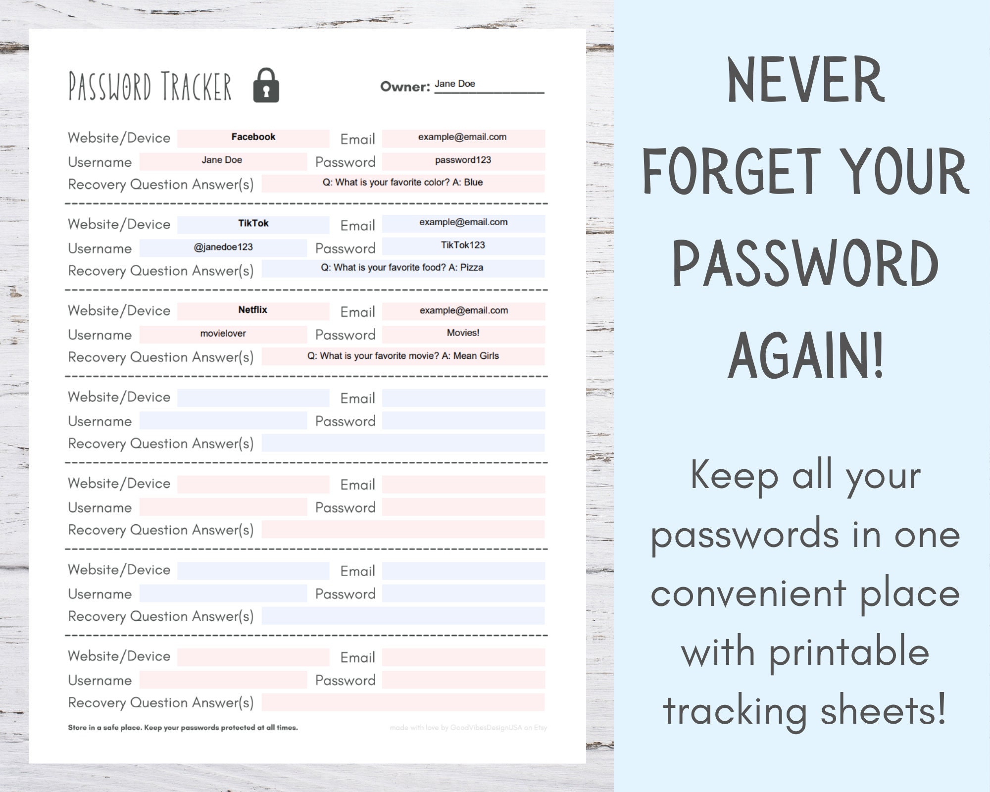 Password Tracker Printable | Fillable Password Log | Password Template ...