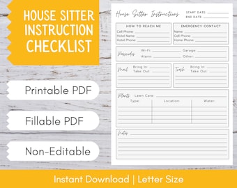 House Sitter Instructions | House Sitting Checklist | House Sitter Info | House Sitting Template | House Sitter Notes | House Sitter Planner