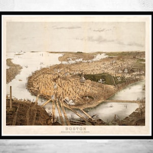 Panoramic View of Old Boston, Massachusetts 1877  | Vintage Map Wall Art Print | Large Map Print | Home Decor Wall Art