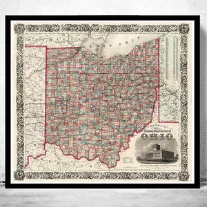 Beautiful Old Map Ohio State 1860 Vintage Map of Ohio State | Vintage Map Wall Art Print | Large Map Print | Home Decor Wall Art