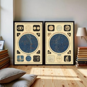Vintage Celestial Map Emisfero Australe Emisfero Boreale 1861 | Celestial Wall Art | Planisphere Celeste | Home Decor Wall Art