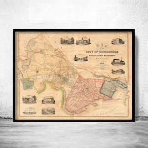 Old Map of Cambridge Massachusetts 1854 Vintage Map | Vintage Map Wall Art Print | Large Map Print | Home Decor Wall Art
