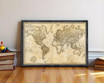 Big Old World Map 1849 Vintage Atlas Mercator Projection Sepia  | Vintage World Map