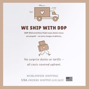 The image is a simple illustration that includes a truck carrying a package and a person carrying a package. The text above the image states that the company ships with DDP (Delivered Duty Paid) and that no surprise duties or Tariffs are covered upfront. The company is worldwide shipping USA orders shipped locally.