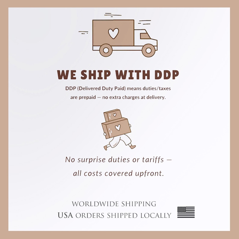 The image is a simple illustration that includes a truck carrying a package and a person carrying a package. The text above the image states that the company ships with DDP (Delivered Duty Paid) and that no surprise duties or Tariffs are covered upfront. The company is worldwide shipping USA orders shipped locally.