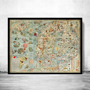 Old Vintage Map of Norway Sweden Scandinavia Antique Norwegen 1529 Olaus Magnus' detailed map of Scandinavia Wall Map Print image 1