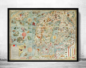 Old Vintage Map of Norway Sweden Scandinavia Antique Norwegen 1529 Olaus Magnus' detailed map of Scandinavia Wall Map Print |