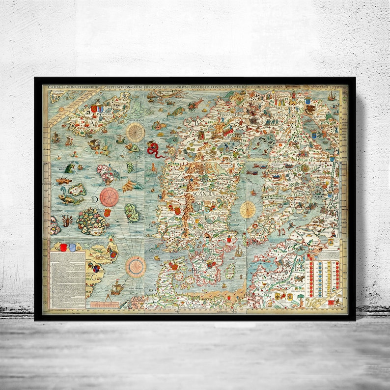 Old Vintage Map of Norway Sweden Scandinavia Antique Norwegen 1529 Olaus Magnus' detailed map of Scandinavia Wall Map Print image 1