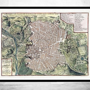Old Map of Madrid with gravures, Spain Espana 1717 Vintage  | Vintage Map Wall Art Print | Large Map Print | Home Decor Wall Art