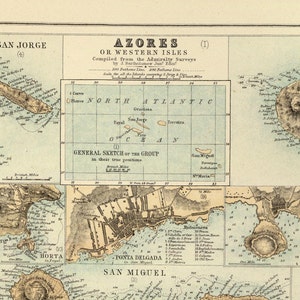 Old Map of Açores Azores and Madeira Islands 1876, Portuguese islands Vintage Poster Wall Art Print Wall Map Print Old Map Print image 2