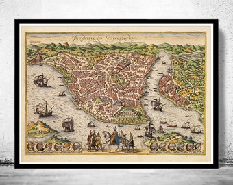Old View Map of Constantinople Instambul 1580 Turkey Vintage Map | Vintage Poster Wall Art Print |
