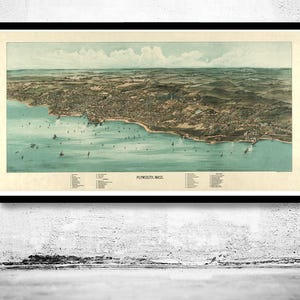 Birdseye View of Plymouth Massachusetts 1910, Panoramic view | Large Map Print | Home Decor Wall Art