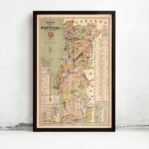 Old Map of Portugal Mapa de Portugal, Portuguese map  | Vintage Map Wall Art Print | Large Map Print | Home Decor Wall Art