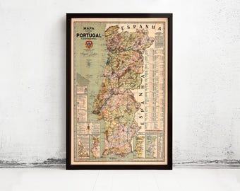 Old Map of Portugal Mapa de Portugal, Portuguese map  | Vintage Map Wall Art Print | Large Map Print | Home Decor Wall Art