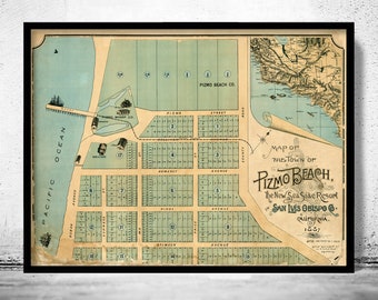 Ancienne carte de Pismo Beach San Luis Obispo 1887 carte vintage | Affiche d'art mural vintage | Impression de carte murale | Ancienne impression de carte