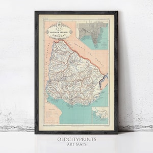 Old Map Uruguay and Montevideo South America Old Map 1888  | Wall Map Print