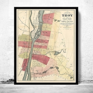 Old Map of Troy New York 1877 Vintage Map | Vintage Map Wall Art Print | Large Map Print | Home Decor Wall Art