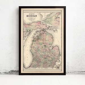 Old vintage map of Michigan 1885 Vintage Map | Vintage Map Wall Art Print | Large Map Print | Home Decor Wall Art