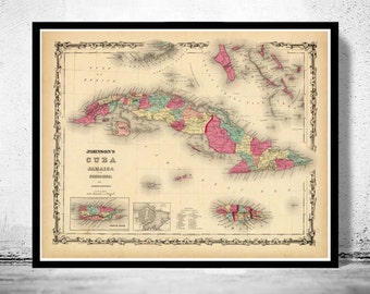 Old Map of Antilles Islands 1860 Cuba Jamaica Puerto Rico  | Vintage Poster Wall Art Print | Wall Map Print | Old Map Print