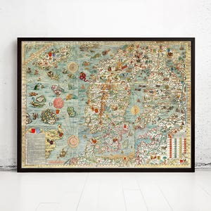 Old Vintage Map of Norway Sweden Scandinavia Antique Norwegen 1529 Olaus Magnus' detailed map of Scandinavia Wall Map Print