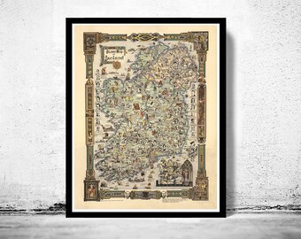 Old Map of Ireland 1936 Story Map of Ireland with Clans Old map of Ireland | Vintage Map Wall Art Print | Large Map Print