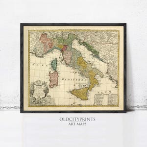 The image is a framed vintage map of Italy, showing the country's geographical layout and surrounding areas.