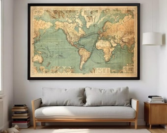 May include: A large rectangular wall art piece featuring a vintage-style world map with a muted color palette of tan landmasses and sage green oceans, enclosed in a thin black frame, displaying intricate cartographic details and shipping routes.
