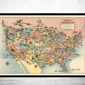 Vintage Map of United States America, Recreational Touring & Travel Map 1928  | Vintage Poster Wall Art Print | Wall Map Print |
