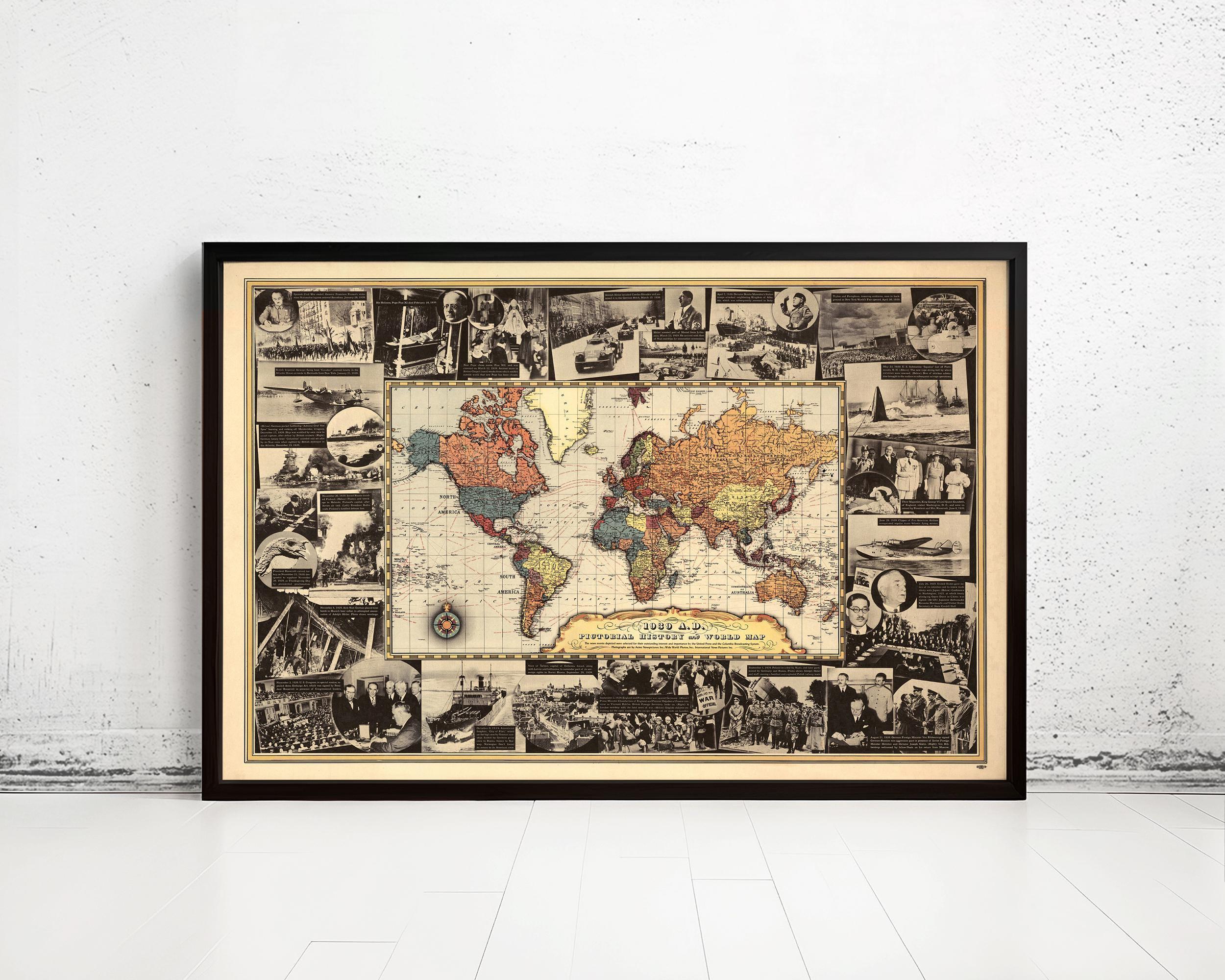 World War 2 History Chart 1939 Vintage Map WW2 | World Map Gift World Map Print | Vintage World Map | World Map Wall Art | Large Map Print