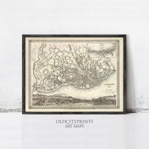 The image is a framed antique map of London, England, dating back to the 16th century.