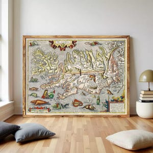 Old Map of Iceland Islandia 1542 Island Sea Monsters Vintage Map | Wall Map Print